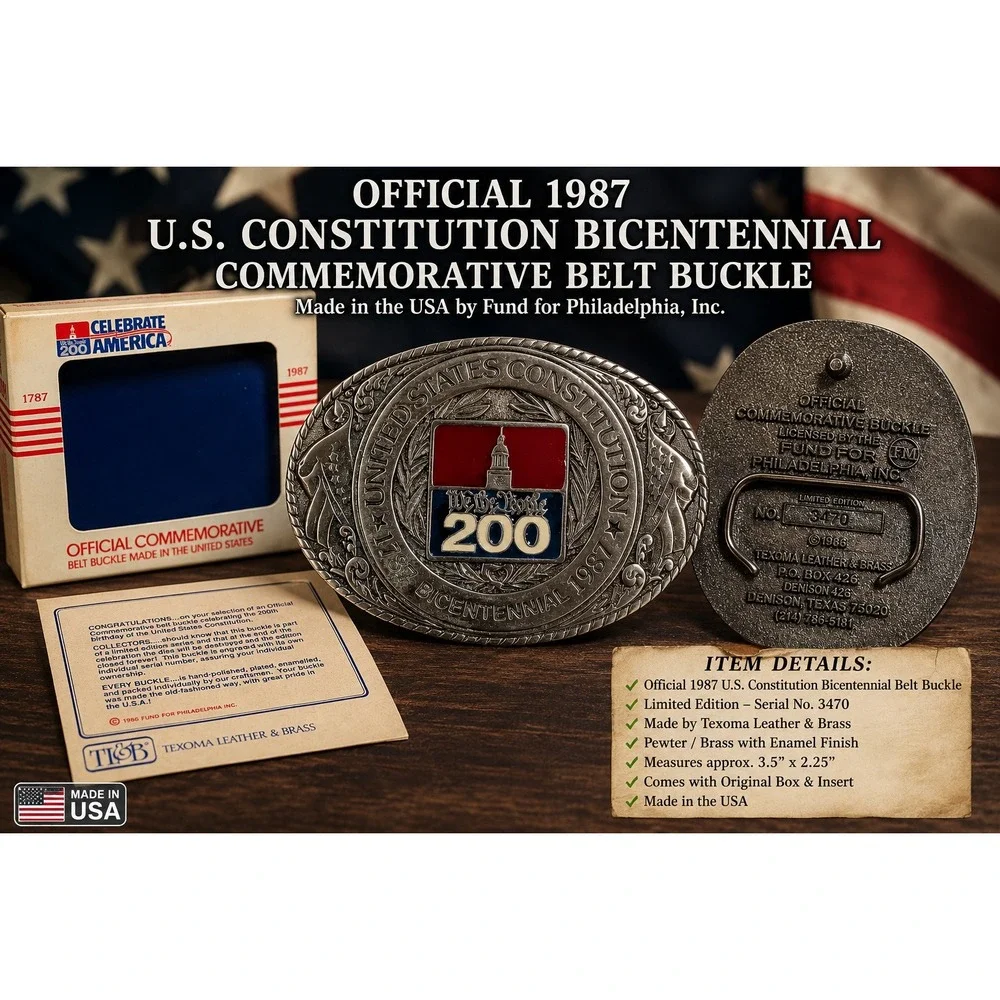 1987 US Constitution‎ Bicentennial Belt Buckle Texoma Leather Brass Limited 3470